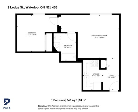 Floor plan for 1 bed, 1 bath, 545 sqft